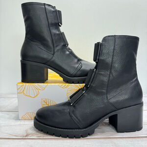 NEW Yellow Box Telaviz Black Heeled Combat Boots Elastic Lace Straps & Zipper